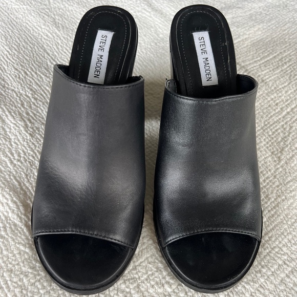Steve Madden Krizia used black leather mule chunky block heel sandal size 11 - Picture 2 of 15